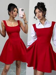Vestidos para mujer, con cuello cuadrado, sin mangas, liso, elegante, plisado - Rojo - Ver 2
