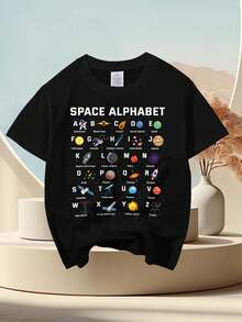 Space Letters ABC A-Z Children's T-Shirt - Educational Solar System And Planet Pattern Short Sleeved Round Neck Top, Suitable For Both Boys And Girls, Soft And Elastic Casual Style, Machine Washable Astronomical Themed Learning Clothing, Children's Educational Clothing, Fun Design, Comfortable Fit - Black - View 5