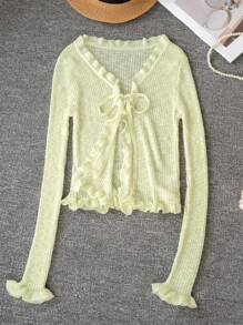 Women Casual V-Neck Slim Fit Short Sleeve Thin Knit Cardigan With Tie Belt, Green Ruffle Trim, Spring & Summer