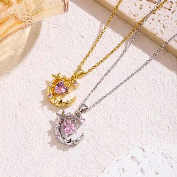 Unique Korean Style Collarbone Necklace With Lively Pink Heart, Butterfly & Moon Pendant, Gift For Best Friend Birthday