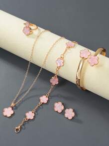 Set de 6 piezas, 1 collar, 1 pulsera, 2 pares de aretes, 1 anillo, 1 pulsera, adecuado para varias ocasiones, te hará ver como una reina elegante, accesorios de joyería para mujer, joyería dorada