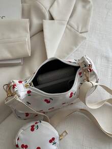 2pcs Set: Mini Geometric Pattern Square Coin Purse & Classic Women Crossbody Bag With Hanging Pouch, Cherry Blossom Design - Red and White - View 8