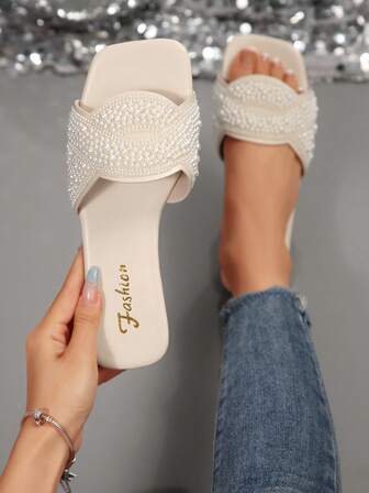 Franska kristallutsmyckade platta sandaler med fyrkantig tå för kvinnor, vår/sommar/höst, eleganta tofflor som passar till klänning, ny ankomst 2025