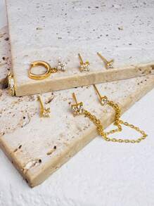 6Pcs/Set Flower Dangle Hoop Star Stud Stackable Earring For Women, Casual Zirconia, 14K Gold Plated Earring Stacks Hypoallergenic Lightweight Vacation Party Jewelry Accessories For Women Girl