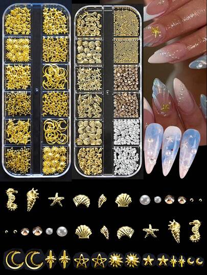 2 盒 3D 金色指甲饰物，12 格 * 2 混合风格金色贝壳海马海星珍珠金属指甲铆钉珠 Y2K 3D 金属镂空美甲铆钉珍珠水钻珠宝适用于美甲沙龙或 DIY 工艺用品指甲宝石
