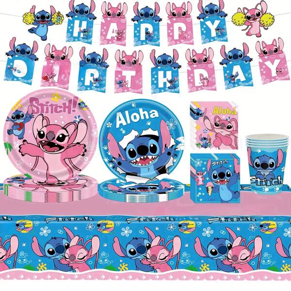 bandai Ensemble de 52 articles jetables de fête Disney Stitch - Assiettes de 7" et 9", gobelets, essuie-tout en papier, nappes, banderoles pour révélation du sexe, anniversaires, mariages, remises de diplômes, célébrations de fêtes - Papier non enrobé, utilisation intérieure et extérieure, fournitures de fête extérieure | Design amusant | Vaisselle décorative