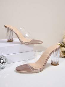 1 Pair Girls/Teenage High Heel Sandals, Transparent Crossing Straps, Round Toe, Slip-On, PU Material, Comfortable & Anti-Slip, Heel Height 8.5cm, Suitable For Teens, Party, Holiday Wear, 2025 Spring/Summer New Arrival