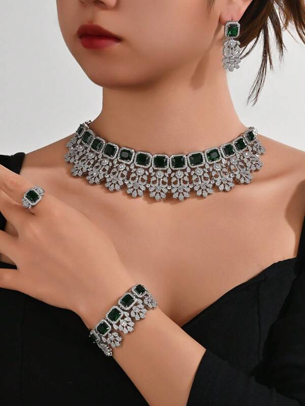 5pcs/Set Luxury European & American Style Exaggerated Red Gem, Green Gem, Cubic Zirconia Copper Necklace, Earrings, Open Ring, Bracelet 4-Piece Jewelry Set. Suitable For Banquet, Party, Bride, Wedding. Gift For Mother, Teacher, Girlfriend