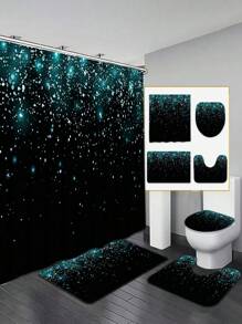4pcs Black Sequin Shower Curtain Set, Elegant Camo Decor Modern Home, Waterproof Curtain And Bathroom Mat 3pcs Set, 12pcs Shower Curtain Hooks Included Bathroom Accessories Back To School