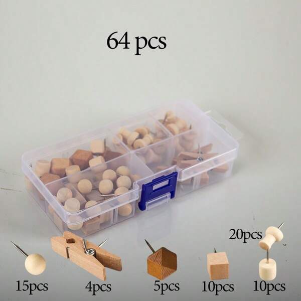 64 Stücke/Set Holzpinnwandnadeln mit Aufbewahrungsbox, Filzbrett Nägel, Kartenpins für Büro, Fotobefestigung, Handwerks-DIY Nähbedarf