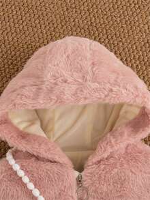 2pcs/Set Baby Girl Furry Hooded Zipper Cardigan And Heart-Shape Pouch Bag Thermal Lined Winter - Pink - View 3