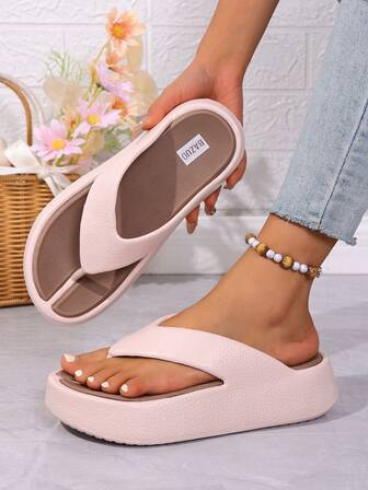 女士新款夏季厚底拖鞋，舒适休闲，高弹力，简约户外，时尚百搭，防滑厚底沙滩人字拖