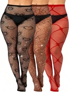 ChicchokokGeyoga 3 Pair Plus Size Fishnets Stockings Glitter Sparkly Tights High Waist Black Fishnet Pantyhose Women - 紅色 - 查看 1