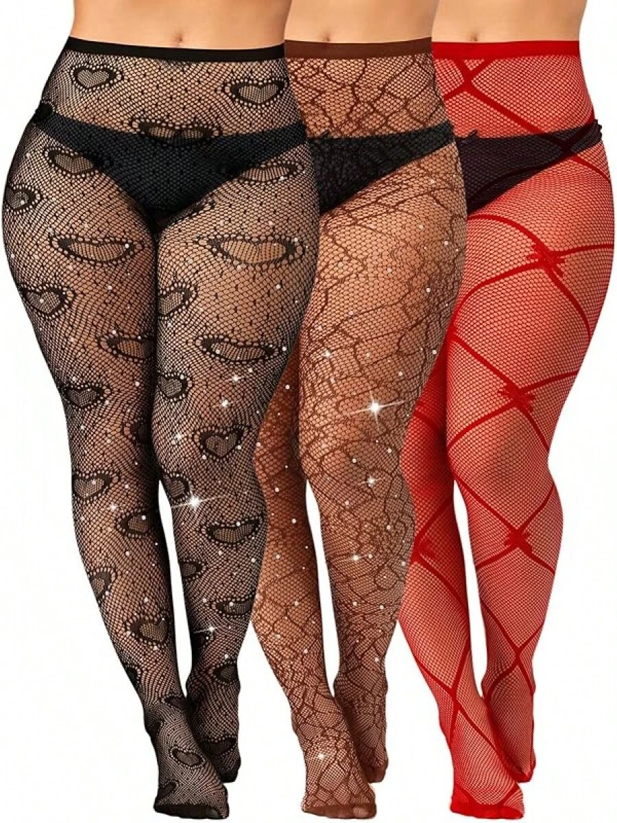 ChicchokokGeyoga 3 Pair Plus Size Fishnets Stockings Glitter Sparkly Tights High Waist Black Fishnet Pantyhose Women - 紅色 - 查看 1
