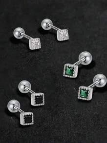 1 Pair S925 Sterling Silver Minimalist Square Diamond Screw Back Earrings, Small Dainty Cartilage Stud Earrings, Non-Piercing Clip-On Style, Fresh Elegant Layering Earrings, Gift