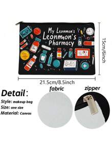 1 bolsa de cosméticos durável de poliéster com fecho de zíper - estampa dupla face "My Leonmon's Pharmacy", organizadora de viagem multifuncional para mulheres, presente perfeito para irmãs, melhores amigas e farmacêuticas, cores variadas, itens essenciais do dia a dia, estampa divertida, estrutura resistente, bolsa estampada, presente de farmacêutico