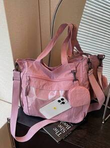 1 pieza Bolso de mujer tipo tote de nylon rosa, simple y ligero, de gran capacidad, bolso de hombro plegable, estilo universitario/escolar, con múltiples bolsillos, bolso de moda lindo con monedero.