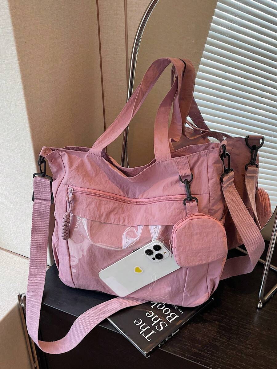 1 pieza Bolso de mujer tipo tote de nylon rosa, simple y ligero, de gran capacidad, bolso de hombro plegable, estilo universitario/escolar, con múltiples bolsillos, bolso de moda lindo con monedero.