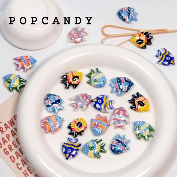 5PCS Ceramic Tropical Fish Beads - Vibrant Hand-Painted Ocean Charm Set For DIY Bracelets & Keychains, Marine Life Jewelry Supplies (Colorful Reef-Themed Craft Accessories)
