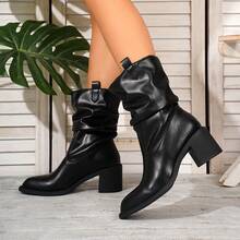 Women's New Solid Color Elastic Boots, Ladies Knee-High Boots With 7cm Chunky Heel, Round Toe, Suede Material, Pull-On Style, Fashion Versatile Casual Shoes, Plus Size 43 - Black - View 4