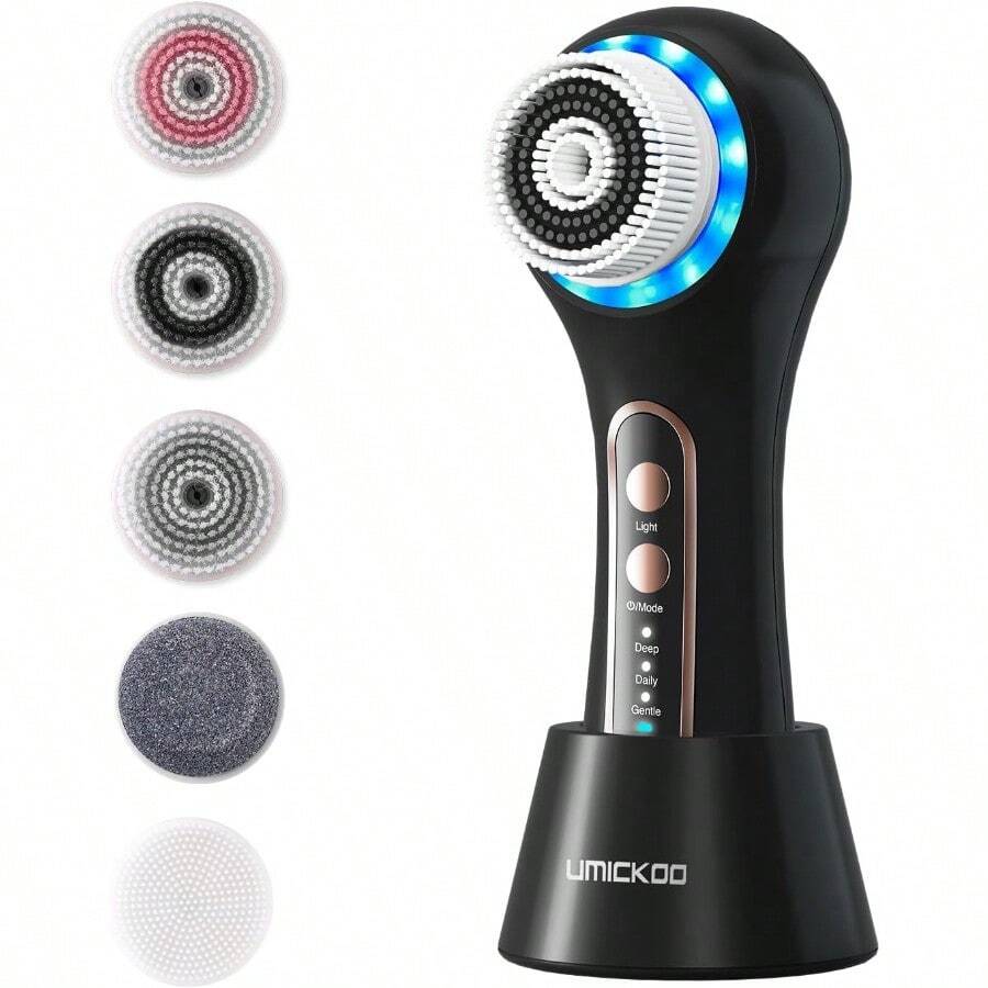 New Style Face Scrubber ExfoliatorFacial Cleansing Brushes Rechargeable IPX7 Waterproof With 5 Brush Heads Electric Face Spin Brush For Exfoliating Massaging And Deep Cleansing Black+Gold - 黑色+金色 - 查看 1