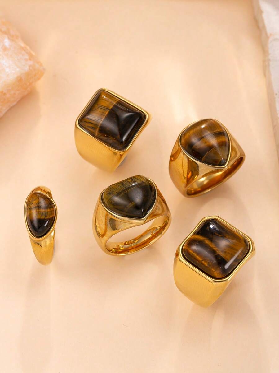 1 件复古不锈钢铸虎眼石几何方形心形泪珠戒指，经典单环设计，适合情侣，珠宝礼物 - 金黃色 - 查看 1