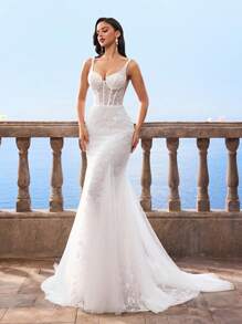 HEARBOBO 秋季优雅奢华无袖新娘送礼会礼服，巴洛克白色蕾丝订婚露背美人鱼波西米亚风新娘婚纱，带拖尾