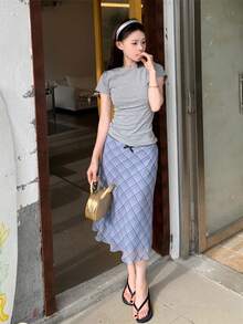 Chân váy kẻ caro nơ cho nữ, phong cách đường phố dễ thương và thanh lịch, chân váy chữ A dài vừa phải cổ điển có viền xếp nếp, mùa hè - Xám - Xem 5