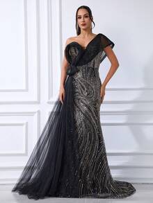 DELLA COUTURE Elegant Luxury Black Evening Gown One-Shoulder Opulent Beaded Mesh Sequin Mermaid Formal Party Dress Vintage Sophisticated Party Romantic Sexy Heavy-Work Organza Sequin Patchwork Formal Dinner Gown Long Evening Gown - Black - View 3