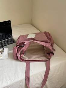 1 pieza Bolso de mujer tipo tote de nylon rosa, simple y ligero, de gran capacidad, bolso de hombro plegable, estilo universitario/escolar, con múltiples bolsillos, bolso de moda lindo con monedero.