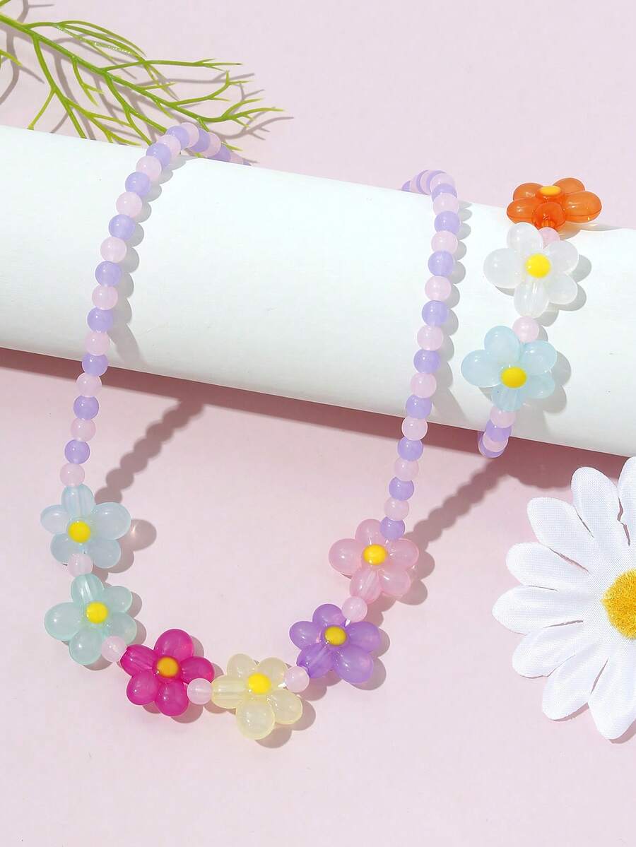 2 件亚克力 DIY 手工糖果色花朵珍珠串珠手链和项链套装，适合日常、夏季、节日，颜色随机