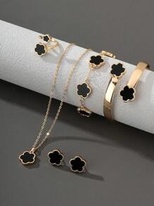 Set de 5 piezas de joyería con forma de trébol que incluye pulsera, collar, aretes, tobillera y anillo para mujeres