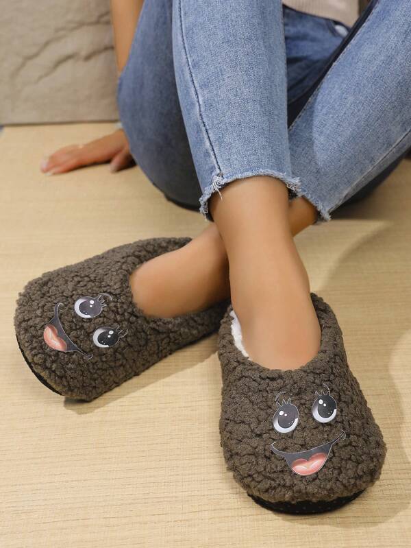 Damen warme Fleece Hausschuhe mit Futter, süßes Gesichtsmuster Plüsch Slip-On Schuhe für den Winter