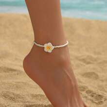 1pc Plumeria Design Anklet For Women, Minimalist Boho Beach Style Glass Beads Ceramic Plumeria Anklet
