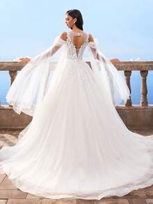 HEARBOBO 圣诞节重工刺绣蕾丝端庄优雅女士A字网纱仙女风冬白色婚纱，带拖尾，新年白色礼服 - 白色 - 查看 3