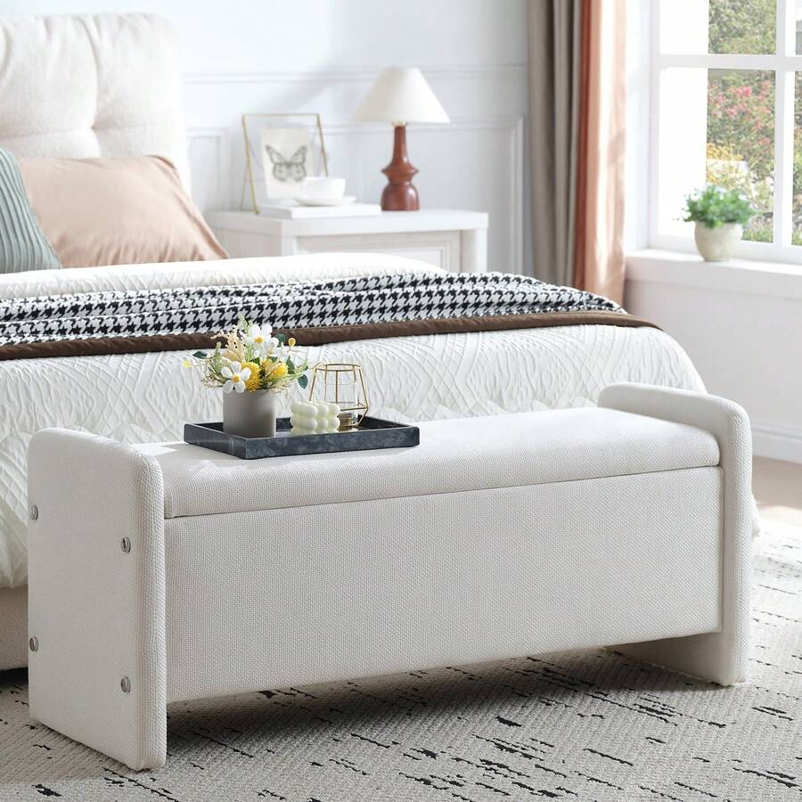44 Storage Ottoman, Upholstered Entryway With Storage End Of Bed Bedroom& Living Room, Corduroy Beige - Linen White - View 1