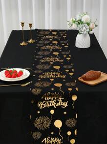 1pc Black & Gold Birthday Table Runner, Gold Foil Balloon & Firework Pattern Tablecloth, 275*28cm Polyester Tablecloth, Happy Birthday Decor, 1st Birthday Party Decor, Birthday Celebration Supplies, Home Decor, Kitchen Decor, Dining Table Decor, Bridal Shower Favor, Holiday Party Supplies