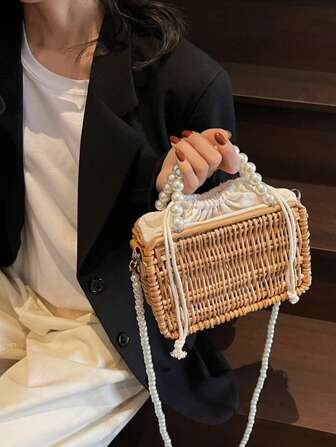 Bolsa de paja con cordón de cierre, decoración floral mini, bolso de mano/mensajero con perla portátil para mujer, adecuado para vacaciones y viajes