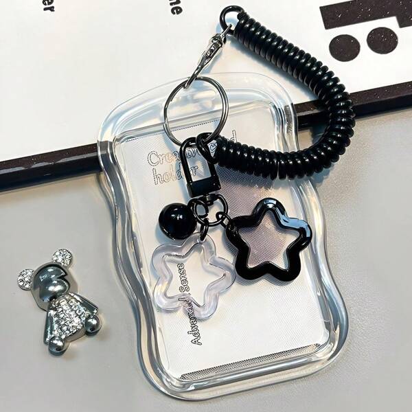 1pc Cute Photo Card Holder Keychain Kpop Photo Card Holder Star Wave Photo Card Keychain Transparent PC Holder Creative Photo Card Holder Metro Bus Student Card Photo Protector, School Supplies, Back To School
