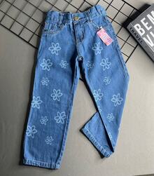 Calça Jeans Wide Leg Desenho Flor Infantil Juvenil Menina - Lavagem Média - Visão 2