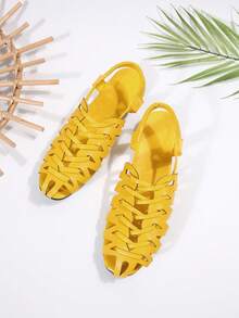 Women's Fashion Casual Woven Hollow Breathable Roman Flat Sandals - Yellow - View 6