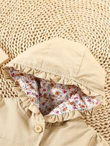 女婴秋冬新款连帽风衣，儿童纯色单排扣外套 - 卡其色 - 查看 3