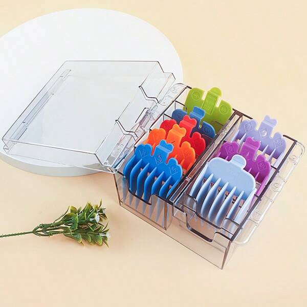 1pc Clear Acrylic 8 Slot Limiting Comb Storage Box, Hair Salon Male Oil Head Haircut Gradient Card Ruler Display Stand, Electric Clipper Positioning Comb Organizer (Only The Storage Box, No Ruler Included)