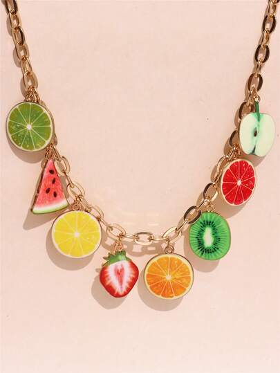 1 pieza Collar con colgante de fruta colorida y linda con colgantes de fresa, sandía, limón y kiwi, joyería DIY, accesorio de fiesta de vacaciones de verano para mujeres, estilo Y2K