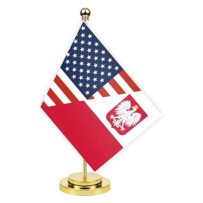 TLL  Poland USA Friendship Desk Flag With Golden Base12 Inch Tall Small Polish Indoor Banner Tiny Printing Decor For Office Home TableTLL