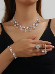 5pcs/Set Luxury Pearl Jewelry Set Including Necklace, Earrings, Bracelet And Ring, Geometric Crystal Pendant Necklace Suit For Women Daily Commute, Campus Dating, Wedding Party, Valentine's Day, Holiday Gift