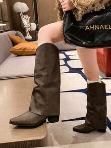 Vintage Rivets High Shaft Pointed Toe Chunky Heel Side Zipper Knee-High Boots, Versatile For Summer, Autumn And Winter, Retro Western Style, British Knight Boots, Slouchy Boots - Khaki - View 4