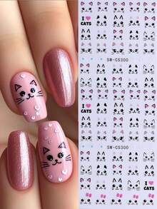 2 hojas de pegatinas de arte de uñas de gato súper lindas, patrón de gato rosa y negro, accesorios de decoración de uñas autoadhesivos, adecuados para mujeres y niñas diseño de uñas DIY - Multicolor - Ver 3