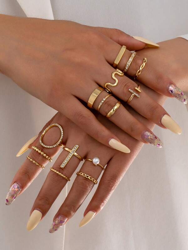 15pcs Alloy Metal Ring Set - Simple Sexy Fashion Rings Set, Heart, Geometric, Wave Thin Circle Design, Versatile Rings Combo