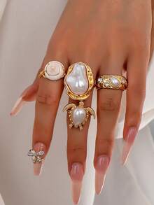 8 件夏季海洋风格海星戒指套装，女士时尚波西米亚种子串珠弹力戒指，贝壳戒指，波西米亚风戒指首饰适合度假、海滩派对、日常佩戴。 - A12738 - 查看 4